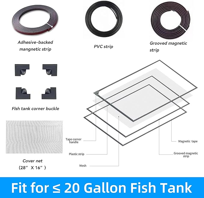Fish Tank Lid Magnetic Aquarium Lid DIY Size Fish Tank Cover Anti-Jumping Net Soft and Strong Mesh Protect Fish Jumping Out Easy Installation Washable (Gray, 28''x16'' Fit for ≤20 Gallon)