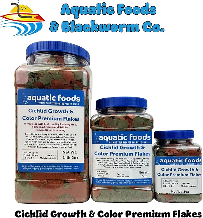 Cichlid Growth & Color Enhancing Flakes for Cichlids, Discus, All Tropicals. Aquatic Foods Premium Flakes…1-lb 2oz Lg Jar
