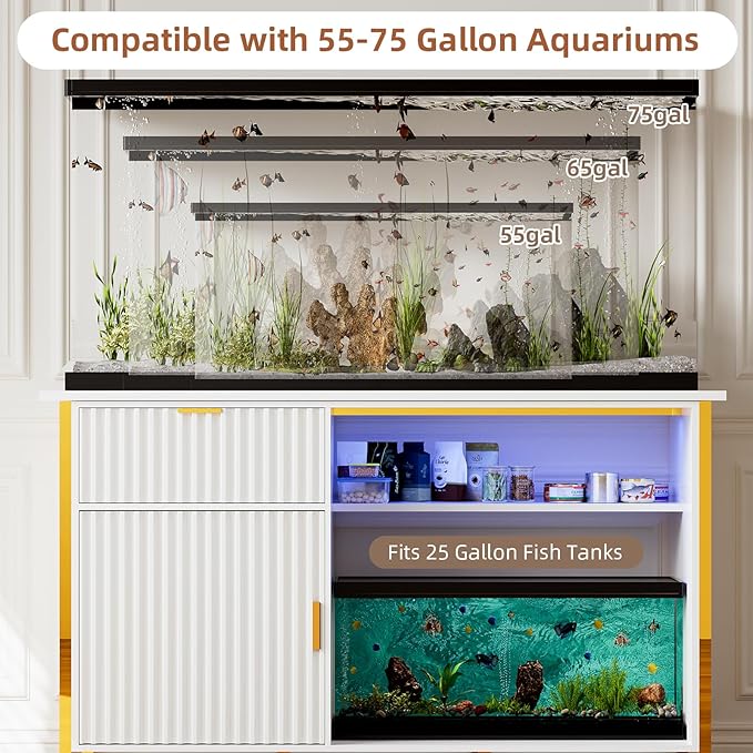 55-75 Gallon Fish Tank Stand with Power Outlets, LED Light, Vertical Lines, Heavy Duty Aquarium Stand with Cabinet for Fish Tank Accessories Storage, Turtle Tank, Reptile Terrarium, 1100LBS, White