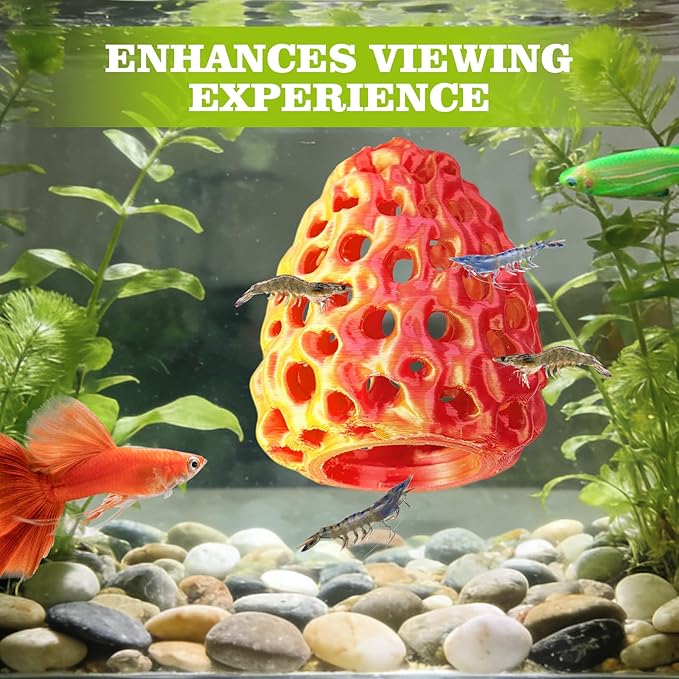 Shrimp Dome Hide, Shrimp Hides for Aquarium, Betta Fish Hideout with Suction Cup, Betta Habitat Tank Ornament Accessories, Aquarium Decor for Small Fish Guppy Hiding Resting (Gold Red)