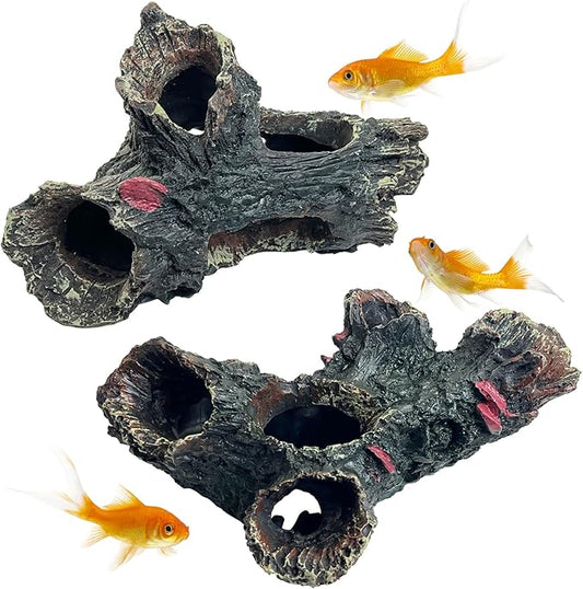 Tfwadmx 2 Pcs Decaying Trunk Aquarium, Betta Fish Ornament, Freshwater Ornament - Small Resin Aquarium Decoration Log, 20 Gallon Fish Tank Wood with Holes & Aquarium Hideout Caves