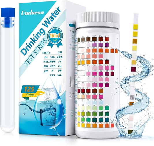 Umlecoa 16 in 1 Premium Water Test Kit - 125 Home Water Quality Test Strips for Well and Tap Test Kit - Testing for pH, Hardness, Chlorine, Lead, Iron, Copper, Nitrate, Nitrite, etc