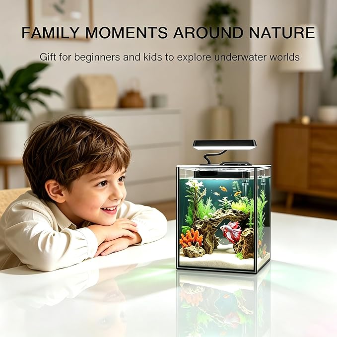 Glass Betta Aquarium Starter Kits 1.5 Gallon Small Fish Tank, Betta Fish Tank with LED Light, Power Filter, Black. 4mm Glass