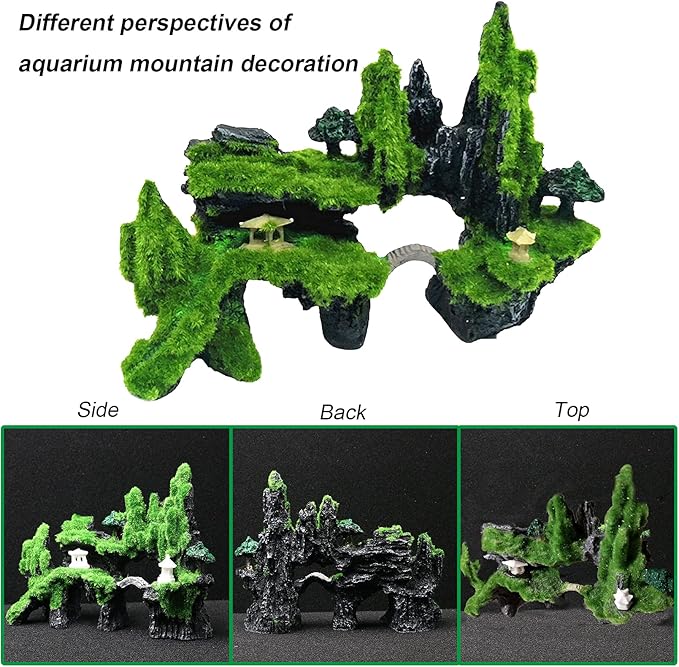 Tfwadmx Fish Tank Mountain View Decoration Aquarium Stone Ornament Bridge with Moss Tree House Cave for Small Betta Shrimp Hide