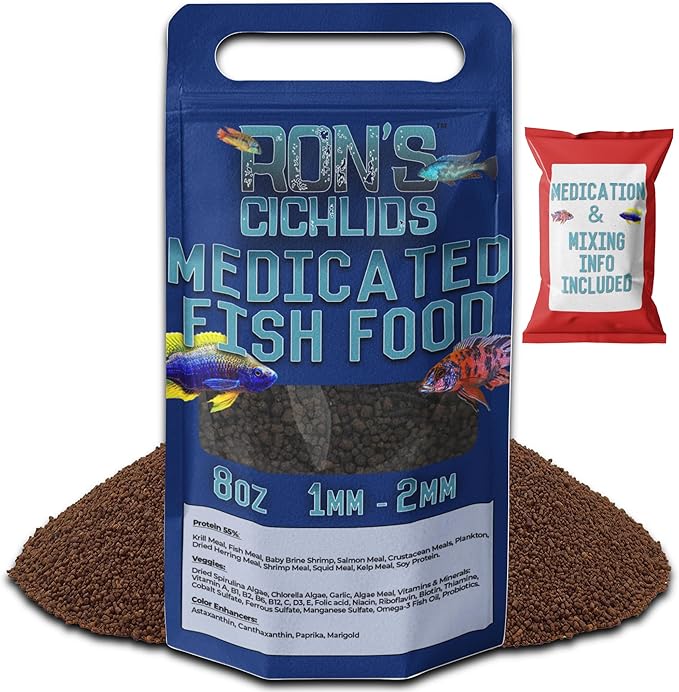 RON'S CICHLIDS Medicated African Cichlid Fish Food Pellets - USA Made Slow Sinking Cichlid Pellets - Treats Bloat, Ich, and More - Juvie Cichlid Food Blend, 8 OZ