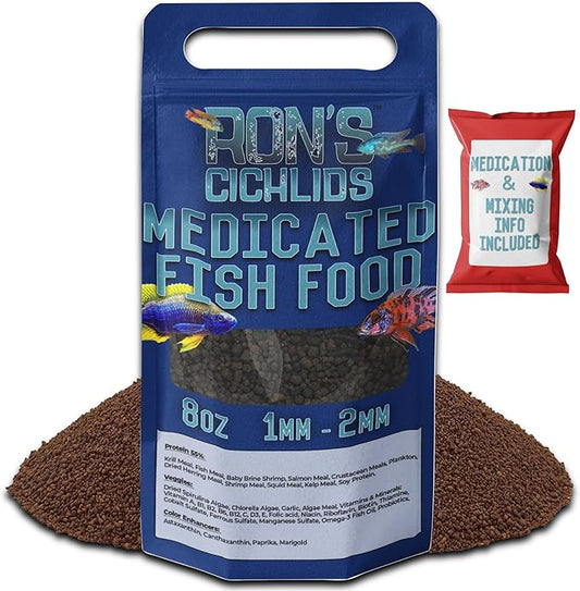 RON'S CICHLIDS Medicated African Cichlid Fish Food Pellets - USA Made Slow Sinking Cichlid Pellets - Treats Bloat, Ich, and More - Juvie Cichlid Food Blend, 8 OZ