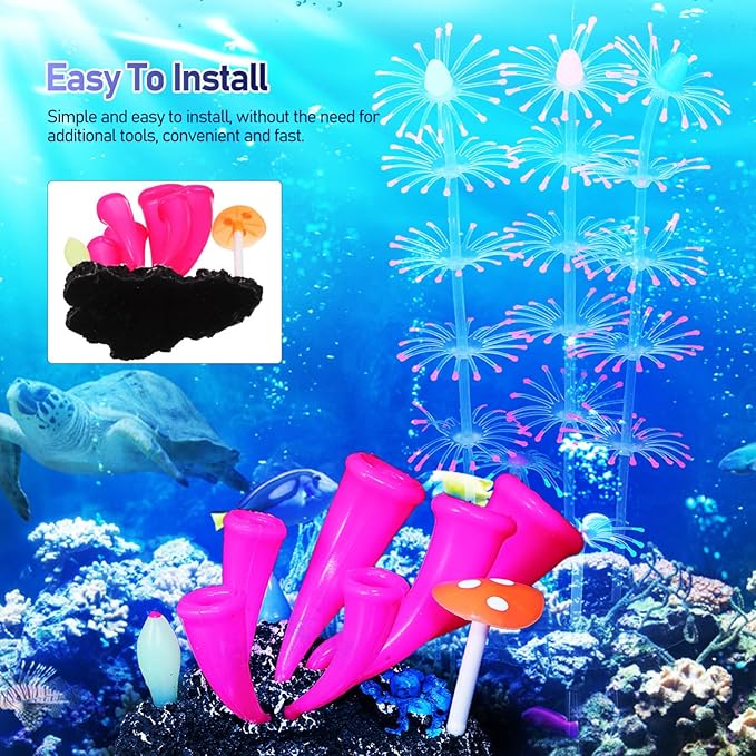 POPETPOP Glow in the Dark Fish Tank Decorations 2Pcs Artificial Coral Ornaments Silicone Aquarium Plants for Reef Decor 3.46X3.34X2.16In Safe Non-Toxic Aquarium Glow Decorations
