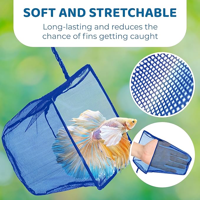 SunGrow Betta Fish Net, Secure Delicate Fin, 5x4 Inches with 11 Inches Handle, Extra Soft Nylon Net, Easy Routine Aquarium Tank Maintenance, Fish Tank Supplies