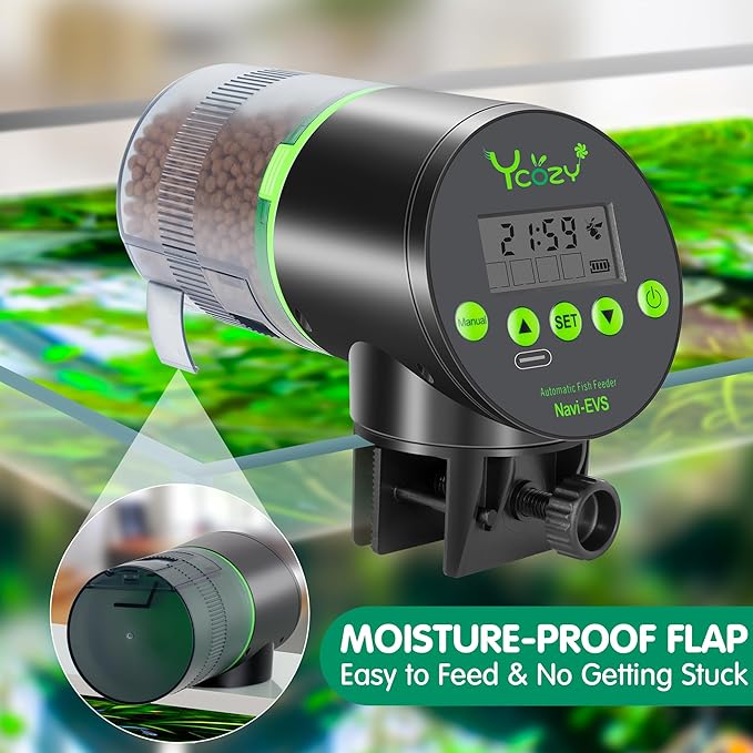 Ycozy Automatic Fish Feeder Rechargeable with USB Cable Moisture-Proof Intelligent Electric Fish/Turtle Feeder for Aquarium & Fish Tank (Rechargeable EVS)