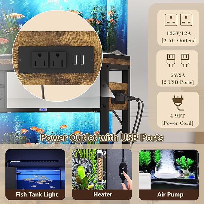 Heybly 5-10 Gallon Fish Tank Stand, Aquarium Stand with Drawer, Power Outlet, Heavy Duty Metal Frame, for Fish Tank, Turtle & Reptile Terrarium, 20.5" × 10.2" Top, 200lbs, Rustic Brown HAS002SSR