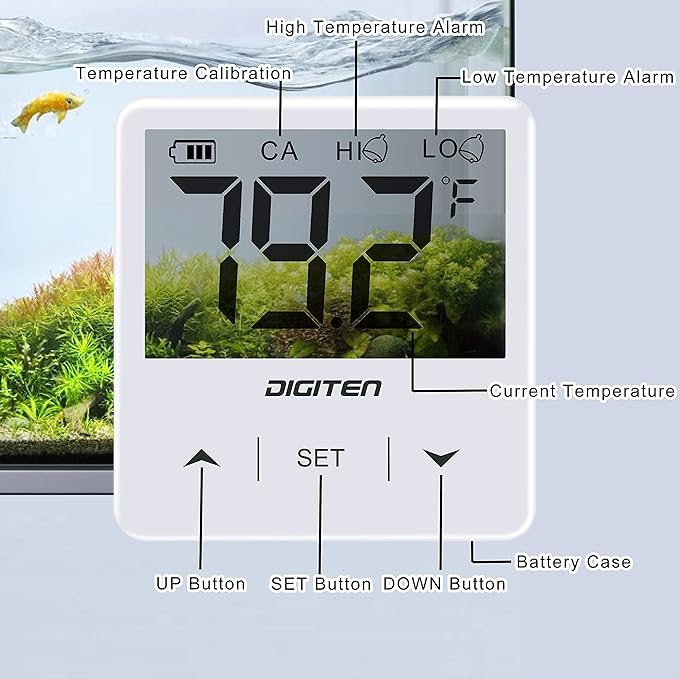 Digital Aquarium Thermometer, Fish Tank Thermometer with Large LCD Display, Stick-on Tank Temp Sensor Ensures Accurate Reading, No Wires C/F Switch