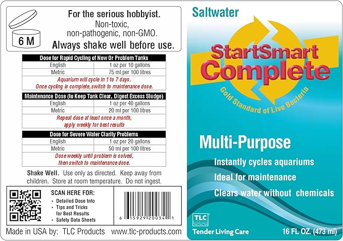 TLC Products StartSmart Complete Saltwater Aquarium Cycle Starter & Beneficial Nitrifiers, Supports Clear Water & Biofiltration, Reduces Excess Sludge, 16 oz. (473 ml)