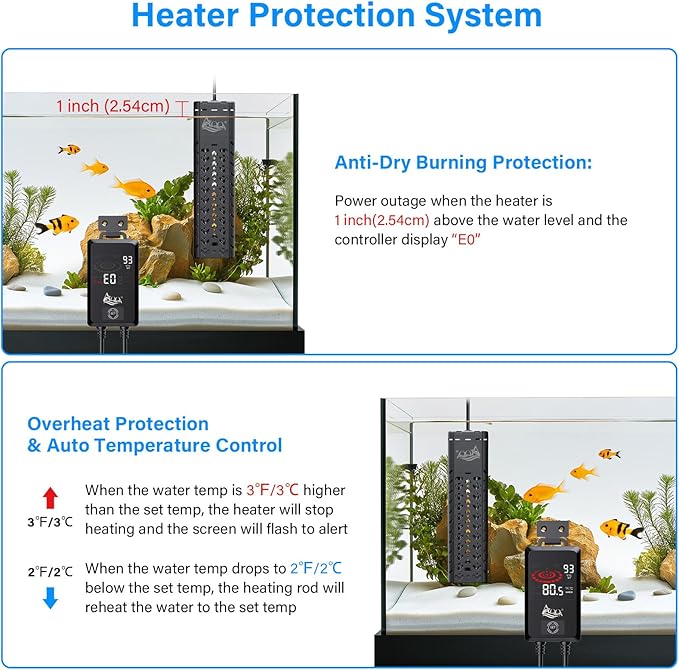 AQQA Submersible Aquarium Heater 500W for 55-130 Gallon Fish Tank Quartz Glass with External Controller for Betta Tank Koi Pond Saltwater & Freshwater (AQ197-500W for 55-130Gal)