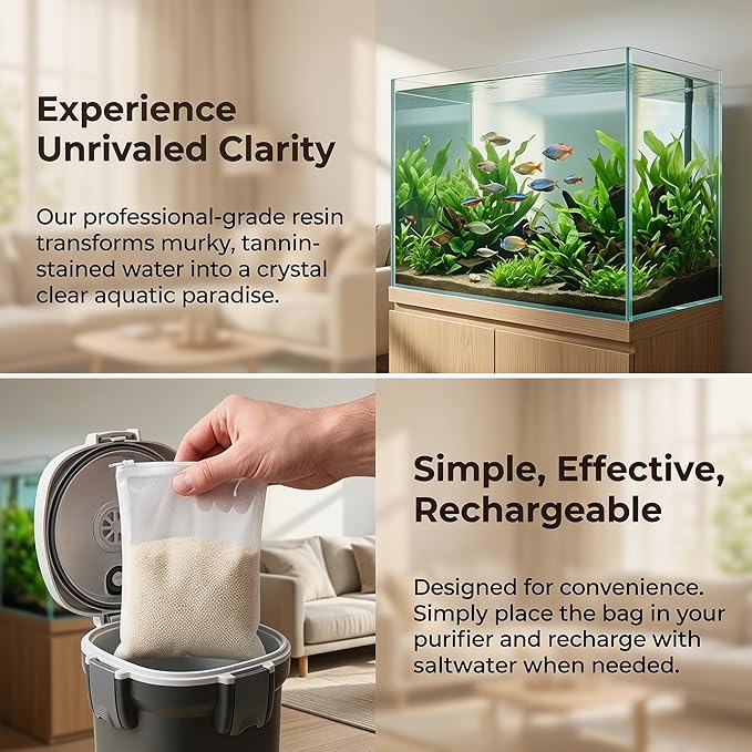 Aquarium Filter Resin for Water Purification, 2 Bags x 300ml, Tannin Remover, Odor Eliminator for Crystal Clear Water (2)