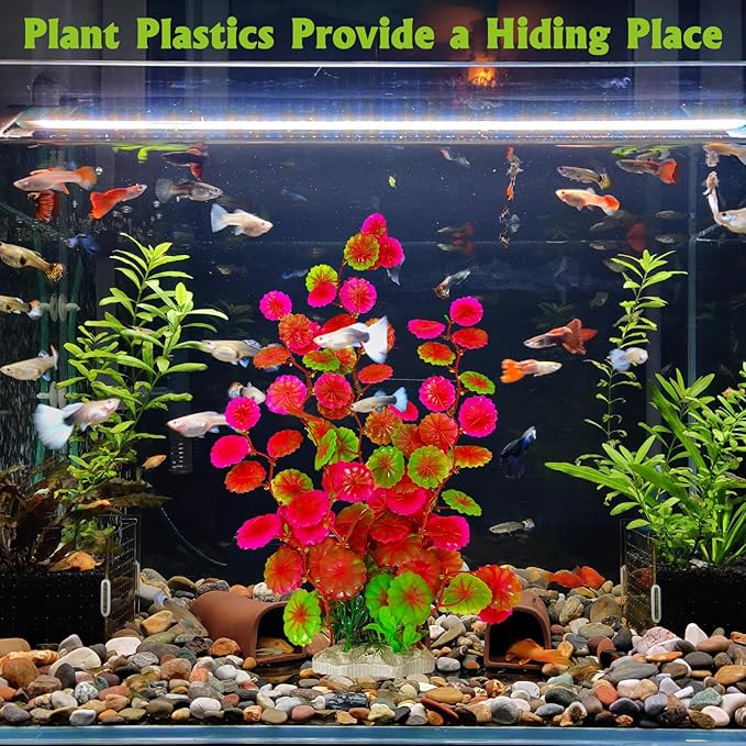 Hamiledyi 2 Pcs Large Aquarium Plants with 2 Pcs Small Artificial Seaweed Plants, 16 Inch High Artificial Plants Decoration, Fish Tank Decor Plastic Plants, Perfect for Aquarium Decor(Pink)