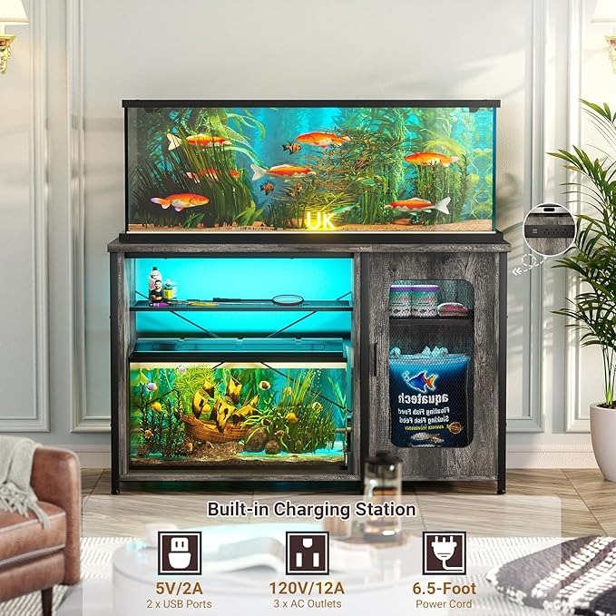 Unikito 55-75 Gallon Aquarium Stand with Power Outlets & LED Light, Reversible Fish Tank Stand with Cabinet for Fish Tank Accessories Storage, Heavy Duty Metal Frame, 880LBS Capacity, Black Oak