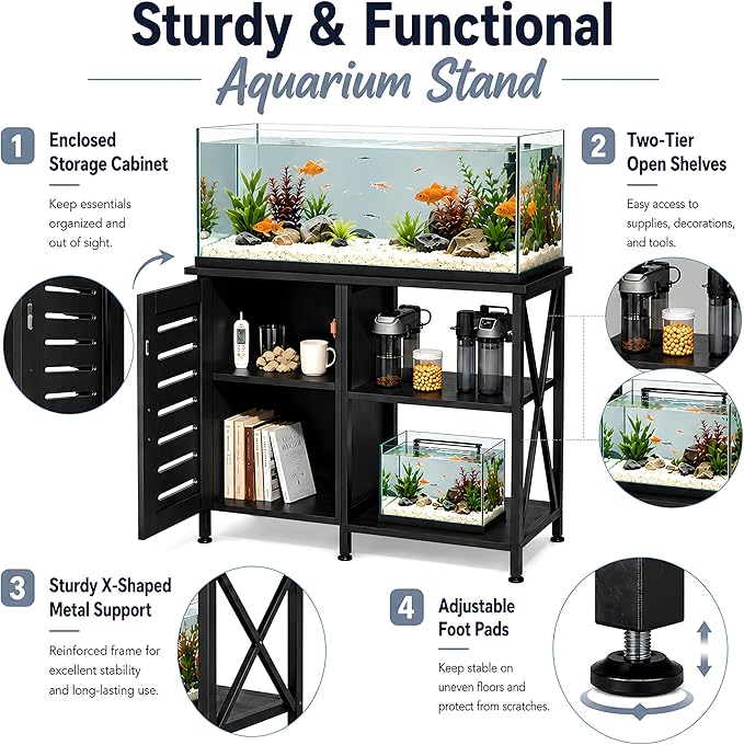 Herture 40-50 Gallon Fish Tank Stand, Aquarium Stand with Cabinet Accessories Storage, Heavy Duty Metal Frame, 40.55" L*18.89" W Tabletop, 850LBS Capacity, Black PG02YGB