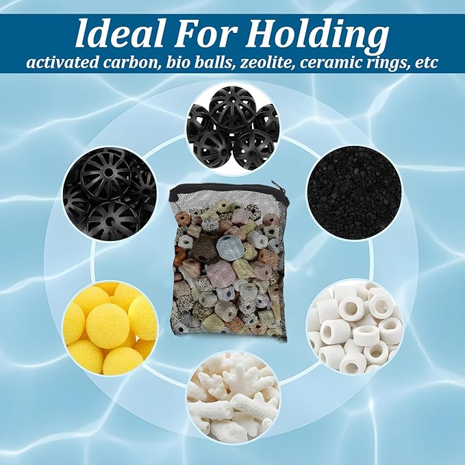 12-Pack Media Bags for Aquarium,Filter Media Bag,Reusable Aquarium Mesh Bag,Aquariums Filters Medias Bags with Zipper Closure for Bio Balls, Ceramic Rings & Filters Stones, Black
