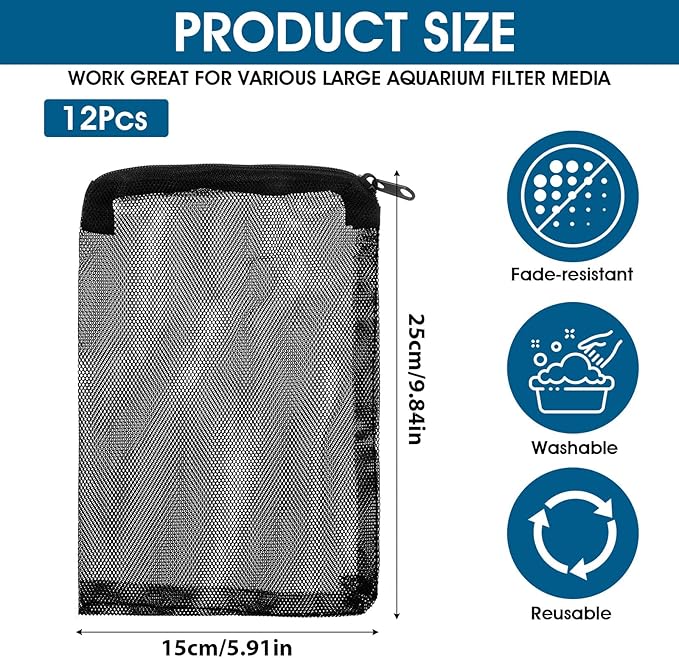 12-Pack Media Bags for Aquarium,Filter Media Bag,Reusable Aquarium Mesh Bag,Aquariums Filters Medias Bags with Zipper Closure for Bio Balls, Ceramic Rings & Filters Stones, Black