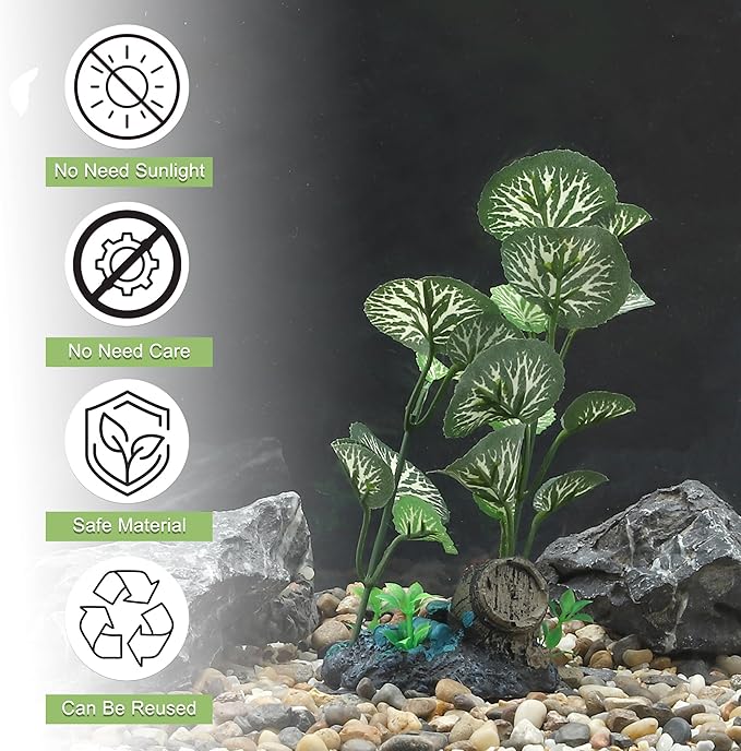 Aquarium Plastic Plants, Silk Aquarium Plants, Silk Plants for Betta Fish Tank, Plastic Plant Decoration for Aquarium, Green, Round Leaves, 6.69" Tall