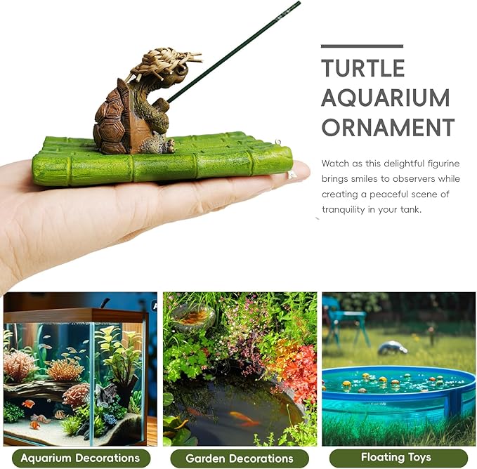 Resin Turtle on Leaf Raft Adorable Floating Aquarium Decor with Straw Hat Resin Figurine for Aquatic Fun