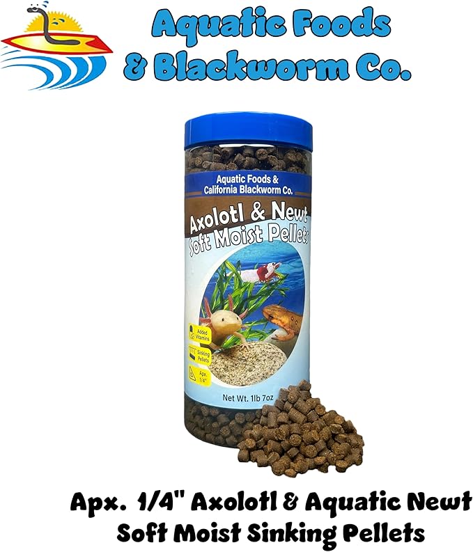 Axolotl Pellet Food 1/4" Soft Moist Sinking Pellets for Juvenile Axolotl Also Shrimp, Snails, Crayfish, Bottom Tropical Fish, Blackworm Pellets Included 1-lb 8oz Canister