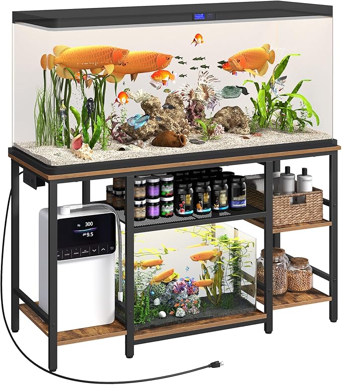 MAHANCRIS 55-75 Gallon Fish Tank Stand with Power Outlet, 3-Tier Metal Frame Aquarium Stand, Heavy Duty Reptile Terrarium Tank Stand, 52.0"L x 19.7"W x 29.9"H, 800 LBS Capacity, Rustic Brown FTHR55E01