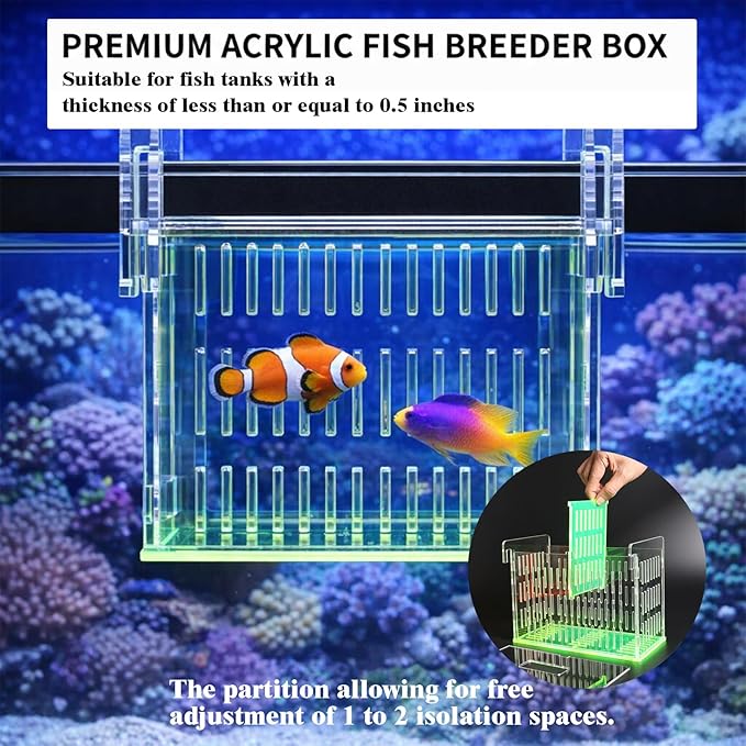 Green Acrylic Aquarium Breeder Box, 7.4x5.3x6.3 in Hang-On Fish Isolation Box with Long Handle Net, Removable Divider & Feeding Hole for Betta Guppy Shrimp Freshwater Saltwater
