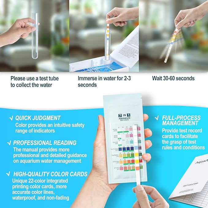 7-in-1 Fish Tank Test Strips |100 Strips | for Freshwater & Saltwater | for Aquarium Tanks & Ponds | Aquarium Test Kit Test Nitrate, Nitrite, Total Hardness, Alkalinity, Carbonate Hardness & moer