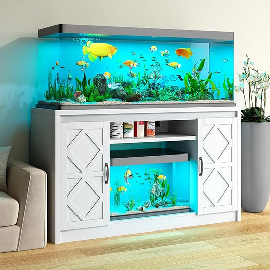 kepptory 55-75 Gallon Fish Tank Stand with Diamond Doors & Power Outlet, Heavy Duty Aquarium Stand with Cabinet Storage for Fish Tank, Turtle Tank, Reptile Terrarium (White)