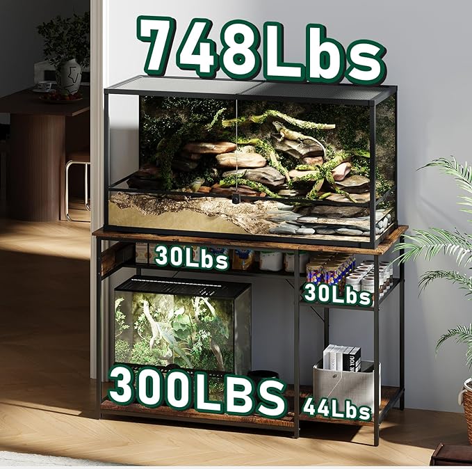 Reptile Tank Stand with Power Outlets，48" X 24" Tabletop Fits up to 120 Gallon Bearded Dragon Enclosure Stand，Double Snake Terrarium Table with Light