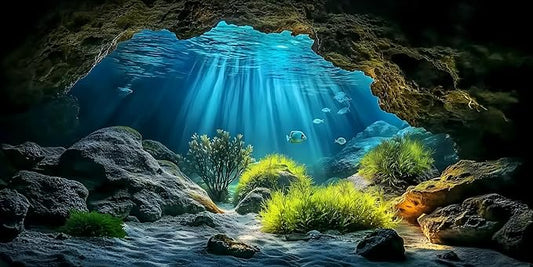 Underwater Cave Aquarium Background Rocks Water Plants Sunburst Landscape Fish Tank Background 30x18 Inches PVC Glass Container Decoration with Tapes