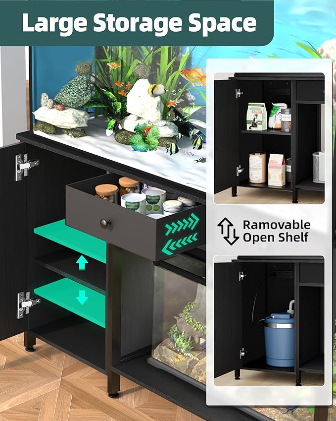Fish Tank Stand for 40-50 Gallon Fish Tank: Aquarium Stand with Power Outlet - Metal 40 Gallon Tank Stand with Cabinet Drawer Storage for Turtle Tank, Reptile Terrarium (Black, 800LBS Capacity)