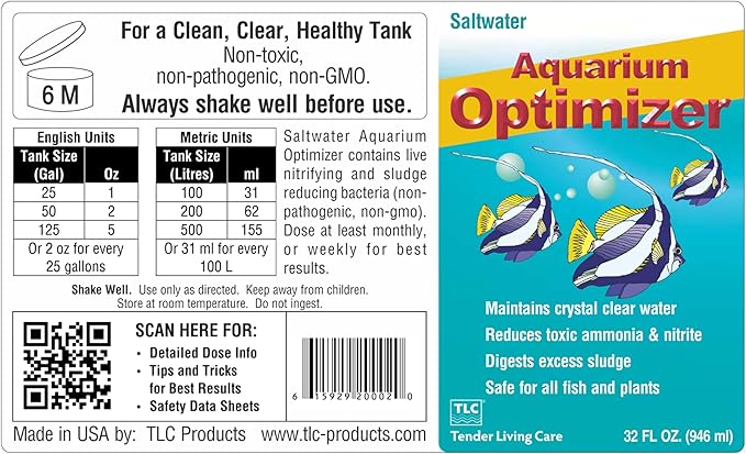 TLC Products, Saltwater Aquarium Optimizer, Aquarium Water Clarifier, Reduces Ammonia, 32 oz (946ml)