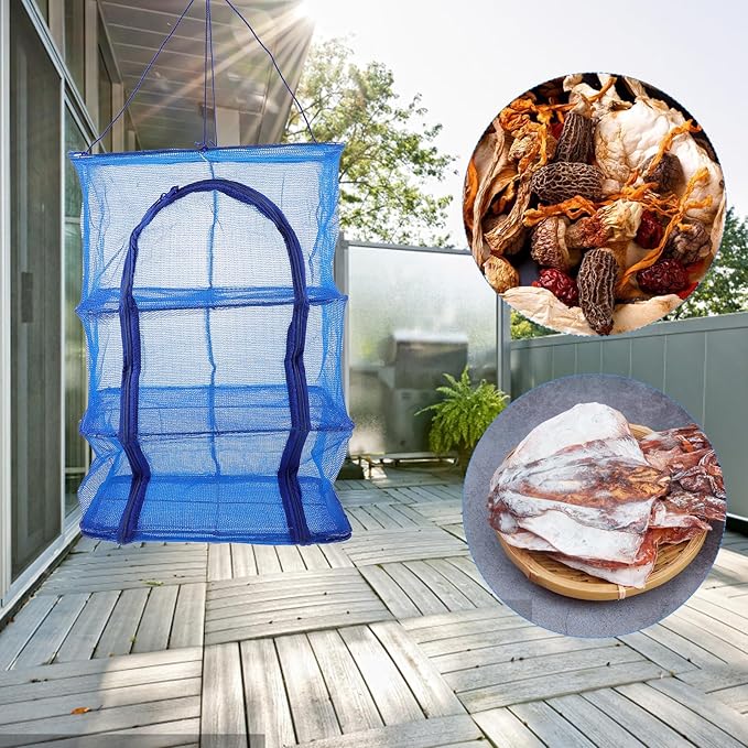 BESPORTBLE Mesh Food Drying Rack Folding Fish Drying Net 4-Layer Hanging Dryer Collapsible Dry Net with Zippers for Shrimp Fish Fruit Vegetables (66X35X35Cm)