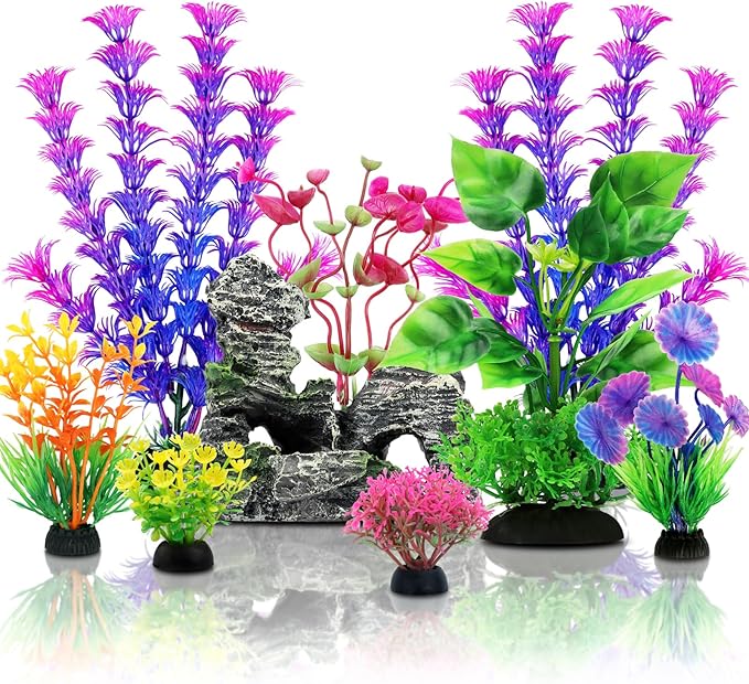 QUOZUO Fish Tank Accessories Aquarium Decorations Plants, 9pcs Colorful Fish Tank Artificial Plants and Cave Rock Decor Set, Aquarium Decor Plastic Plants
