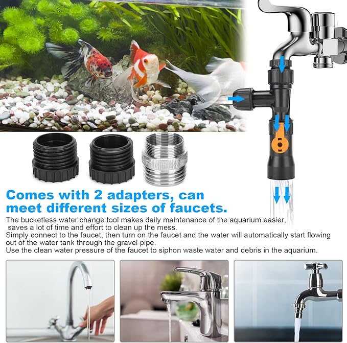 Fish Tank Water Changer,Siphon Fish Tank Vacuum Gravel Cleaner Aquarium Quick Water Changer with 2 Faucet Adapters for Aquarium Quick Water Change, Black