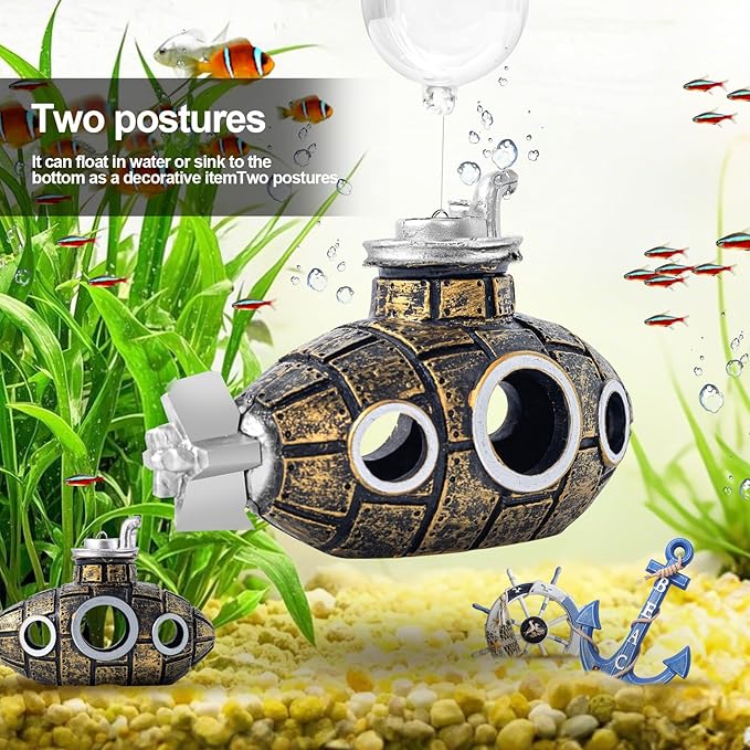 CousDUoBe New Upgrade Floating Fish Tank Decoration, Cute Retro Submarine Set and Floating Diver,Three Float Balls, Aquarium Decorations Resinous Betta Fish Tank Accessories