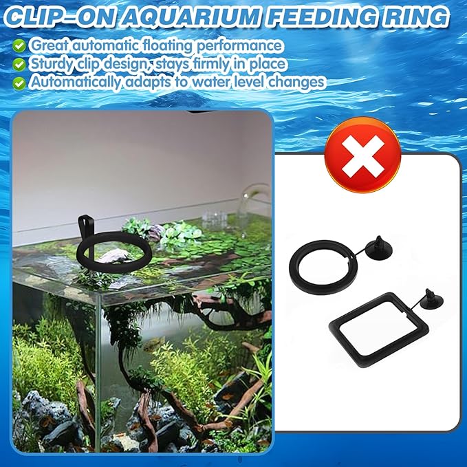 Clip On Fish Feeding Ring for Fish Tank, Non-Shedding Food Holder, Fits 3-15mm Glass, Keeps Floating FishFood in Place, Great for Betta and Rimless Tanks