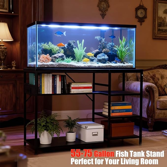 FAHKNS 55 75 Gallon Aquarium Stand Heavy Duty 1200lbs Capacity, Black Steel Frame Fish Tank Stand with Electrical Outlet & USB, Storage Cabinet for Large 49 Inch Aquariums