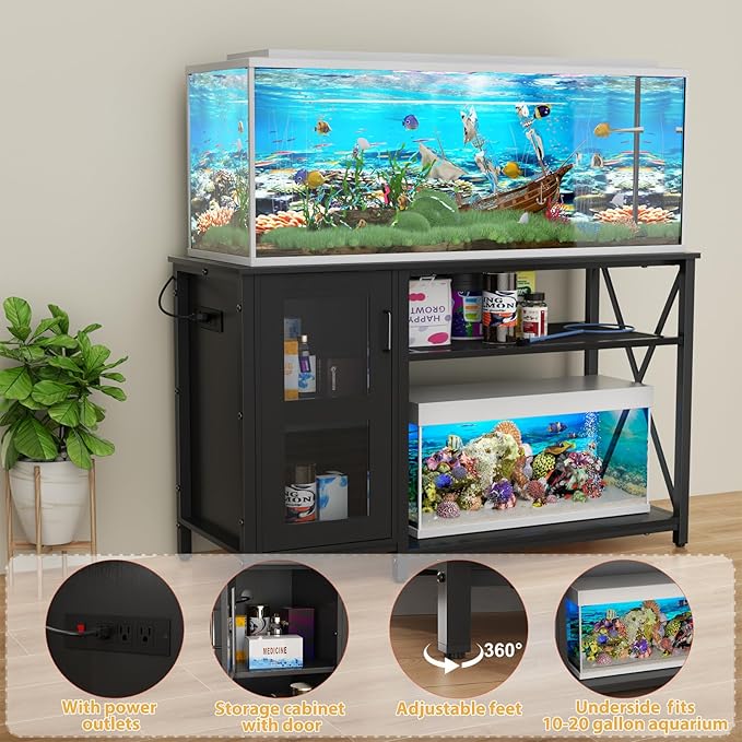 BEURUKU 55-75 Gallon Fish Tank Stand , Aquarium Stand with Cabinet & Power Outlets for Fish Tank Accessories Storage, Heavy Duty Metal Terrarium Stand, 52" L*19" W Tabletop, 1200LBS Capacity, Black