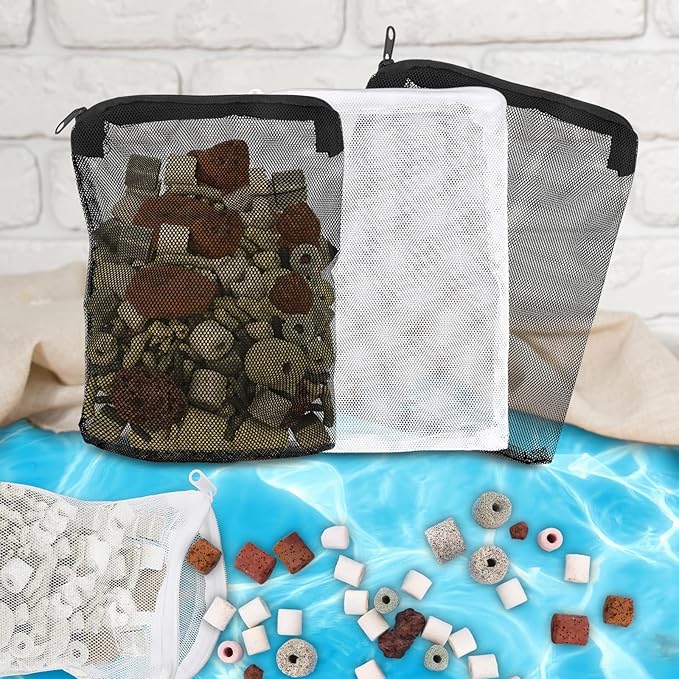 16 Pcs Aquarium Filter Media Bags Extra Fine, 7.8 x 5.9 Inch Filter Media Bag with Zipper, White & Black Aquarium Mesh Bag for Fish Tank Activated Carbon, Ceramic Rings