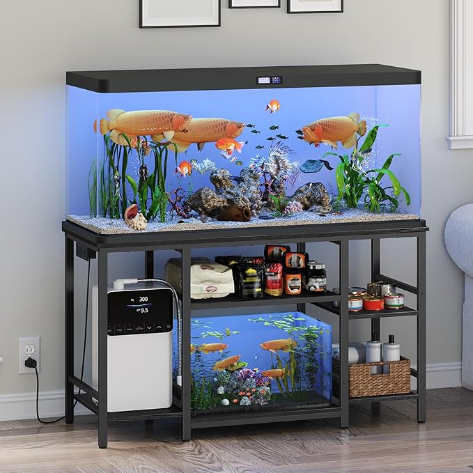 MAHANCRIS 55-75 Gallon Fish Tank Stand with Power Outlet, 3-Tier Metal Frame Aquarium Stand, Heavy Duty Reptile Terrarium Tank Stand, 52.0" L x 19.7" W x 29.9" H, 800 LBS Capacity, Black FTBK55E01