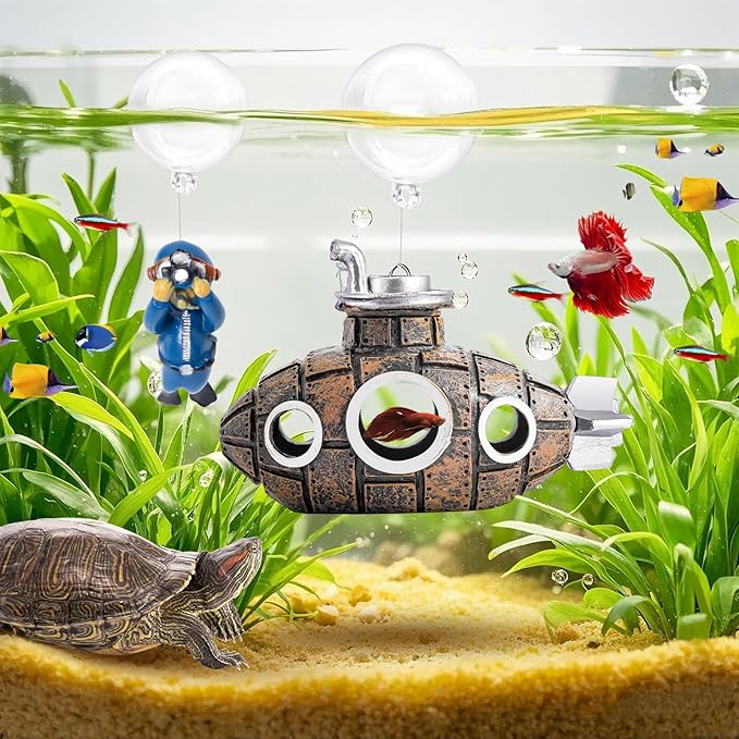 CousDUoBe New Upgrade Floating Fish Tank Decoration, Cute Retro Submarine Set and Floating Diver,Three Float Balls, Aquarium Decorations Resinous Betta Fish Tank Accessories