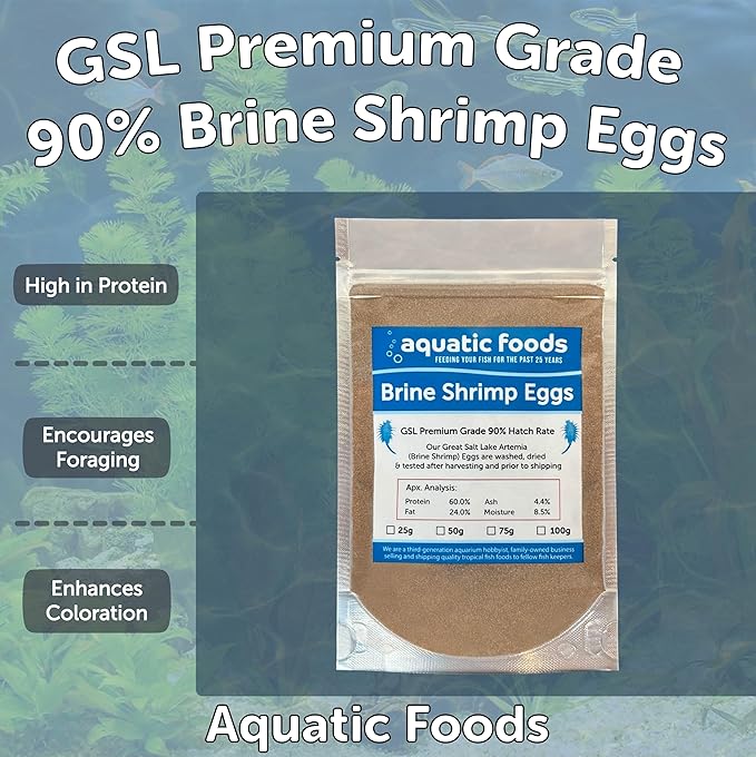 Brine Shrimp Eggs Premium Grade 90% Hatch Rate, Great Salt Lake Artemia Brine Shrimp Eggs. - 25 Grams - .88oz