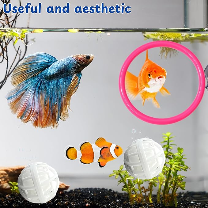 Betta Ring Enrichment Toys with Filter Ball set, Turtle Water Cleaner Ball, Aquarium Feeding Ring with Nitrifying Balls, Betta Fish Toy, Aquatic Turtle Enrichment Toy, Tortoise Supplies (Pink, M-70mm)
