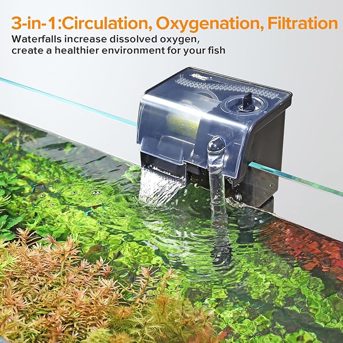 hygger Hang On Back Aquarium Filter 5W 132GPH For 10-30 Gallon Quiet Power Fish Tank Filter Multi-stage Filtration Adjustable Waterfall HOB Filter with 4 Cartridges & Extension Pipe, Fresh & Saltwater
