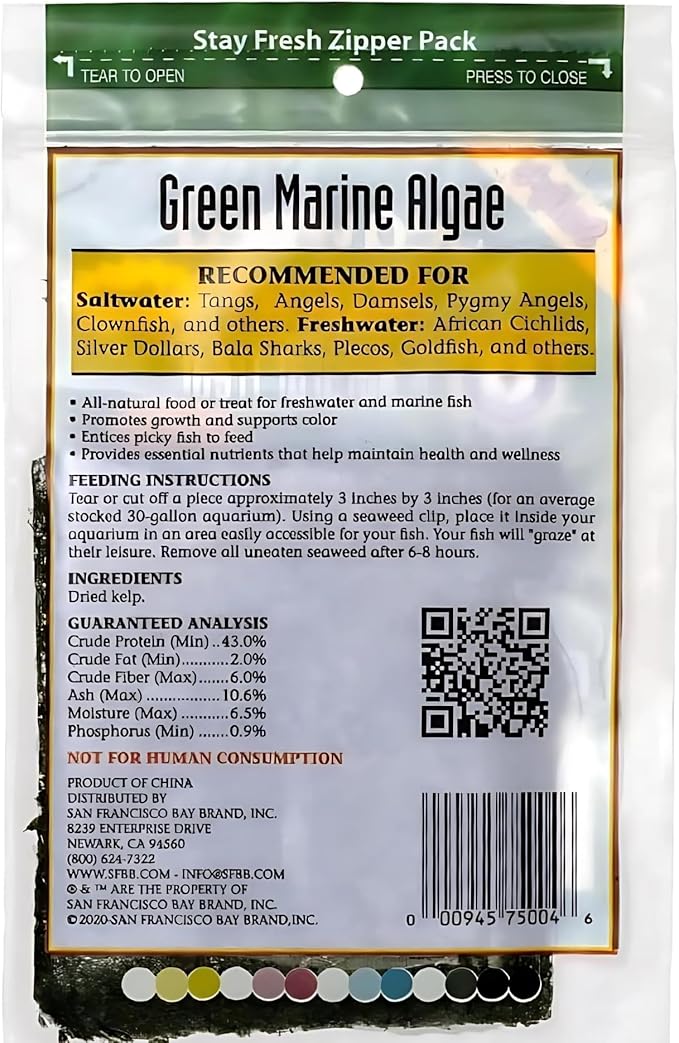 San Francisco Bay Brand Fish Food Seaweed Sheets - Dried Kelp for Herbivorous and Omnivorous Freshwater and Saltwater Fish - Promote Growth, Support Color, Maintain Health - 4 Pack (16 Mini Sheets)