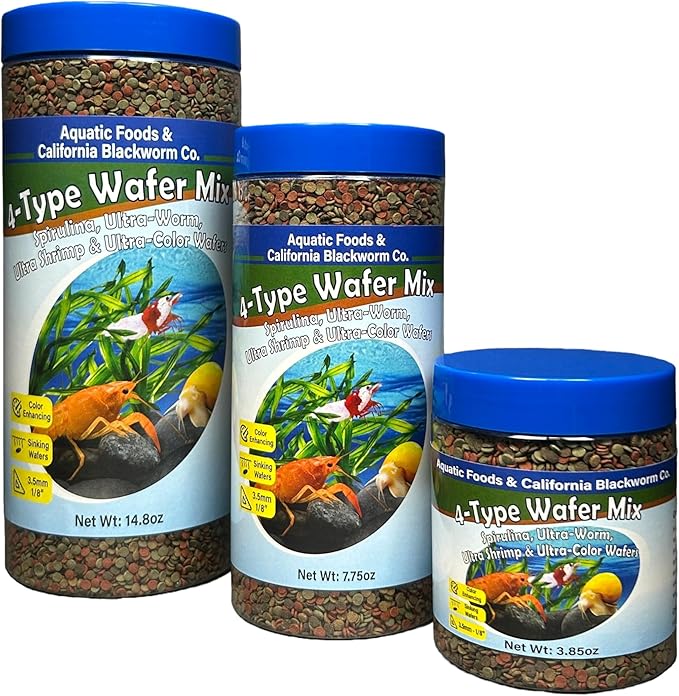 4-Type 3.5mm - 1/8" Sinking Wafer Mix of Spirulina-Algae, Ultra-Worm, Ultra-Shrimp, Color Enhancing Wafers for Shrimp, Snails, Crayfish, All Tropical Fish, 3.5mm..10oz Canister