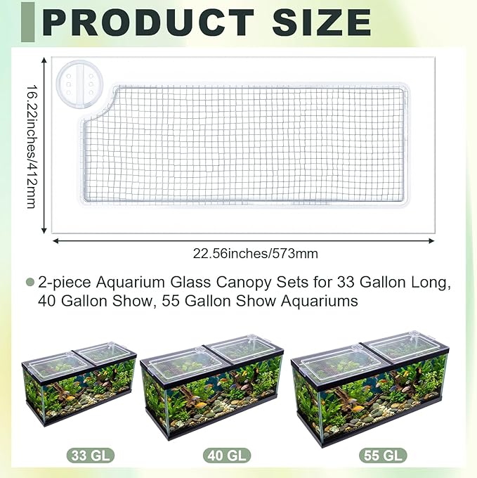 Sieral 2 Pcs Clear Aquarium Canopy and Embedded Network Set with 30 Top Cover Clips Polycarbonate 22.56 x 16.22 x 0.2 Inches for 75/90/110 Gallon Fish Tank Lids with Center Brace Aquariums Cover